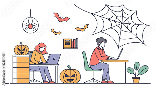 Two people working on laptops in a halloween themed office with pumpkins and bats and a spider web decor