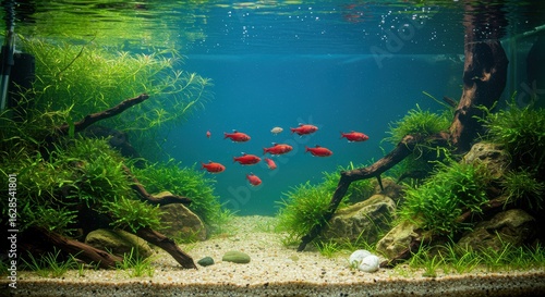 Ruby Tetra School in Lush Freshwater Aquarium with Driftwood and Plants
