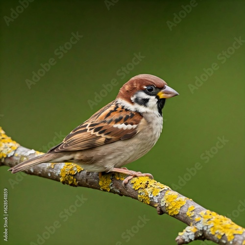 Sparrow Bird Perched on Branch with Soft Green Background