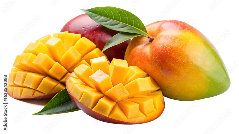 Fresh and juicy mangoes with green leaves isolated on transparent background, a tropical fruit rich in vitamins and nutrients for a healthy diet Fresh and juicy mangoes with green leaves isolated on transparent background, a tropical fruit rich in vitamins and nutrients for a healthy diet
