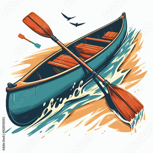 Vibrant graphic design showcasing a canoe gliding through stylized waves on a sandy beach.  The image displays a stylized illustration of the canoe with paddles.