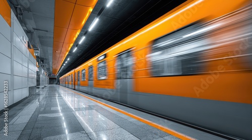 Orange metro train speeding through a modern underground station