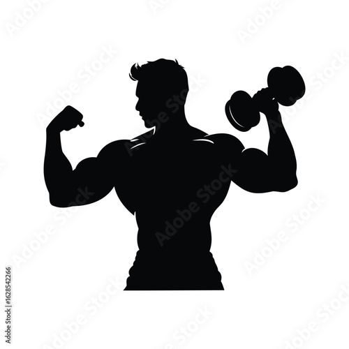 Silhouette of muscular man flexing while lifting dumbbell representing strength and fitness