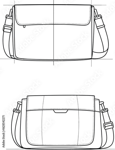 CAD drawing flat vector illustration, technical fashion sketch, shoulder bag front and back views, handbag blueprint for design use