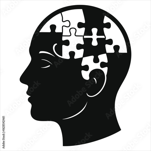 Human Mind as a Puzzle: Black Silhouette of Head with Jigsaw Pieces, Symbolizing Thought, Problem Solving, Cognitive Processes, and Mental Connections.