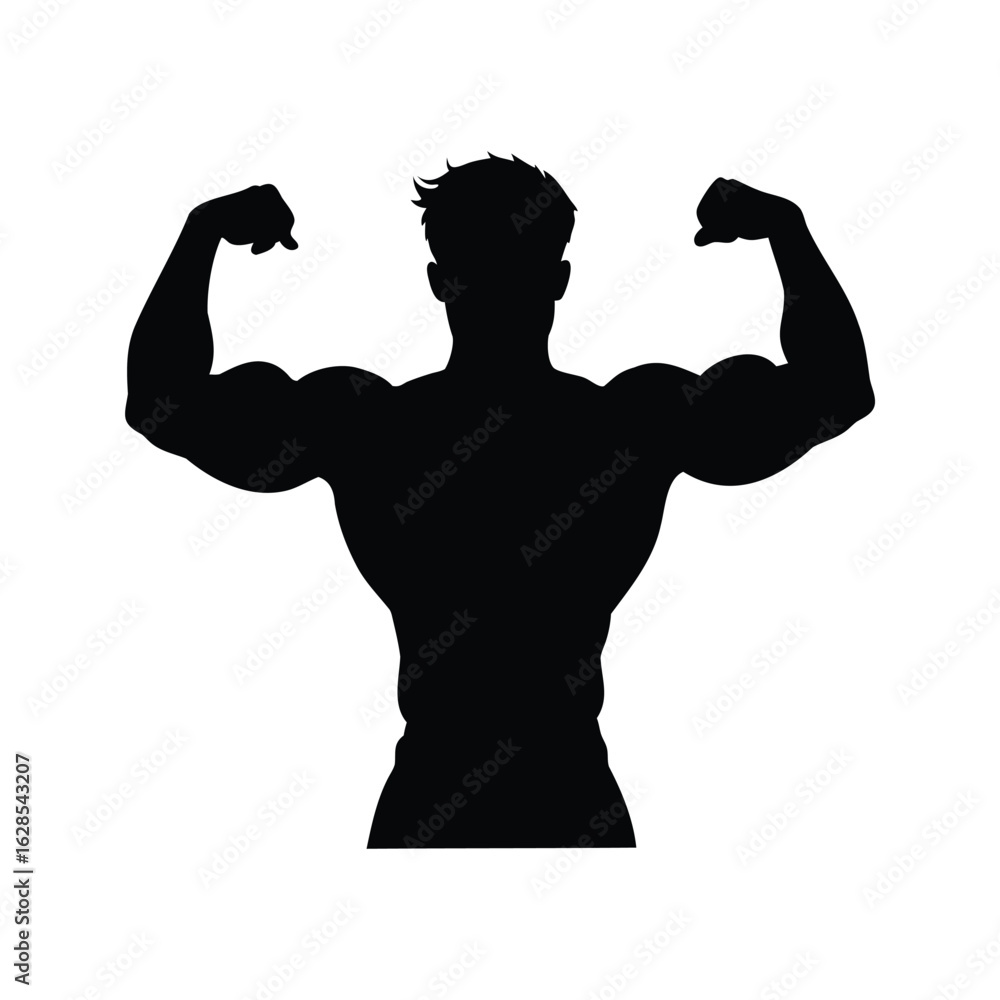 Fototapeta premium Silhouette of a muscular man flexing his biceps in a powerful pose