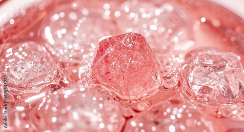 Refreshing Ice Cubes in Pink Drink with Sparkling Reflections and Bokeh Macro Close-up