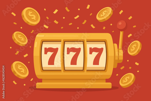 Golden slot machine with 777 numbers, triple seven winning combination and jackpot, golden chips and vibrant confetti, isolated on red background, flat vector illustration, symbolizing victory, casino
