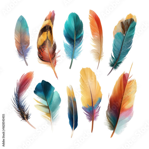 Vibrant colorful feathers arranged in a circular pattern