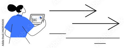 Woman holding a tablet displaying charts and data, with large arrows indicating speed, growth, and direction. Ideal for analytics, strategy, progress, goals, growth business planning simple flat