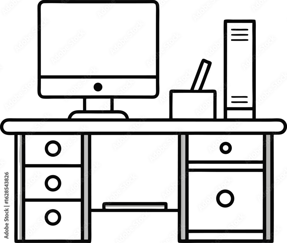 Modern Office Desk Icon with Computer outline vector illustration on white background Modern Office Desk Icon with Computer outline vector illustration on white background