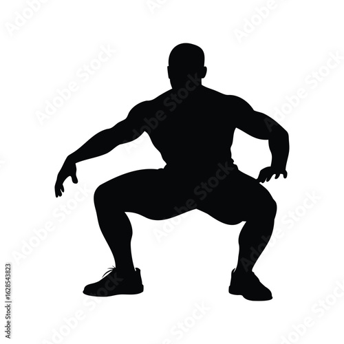 Black silhouette of muscular male figure doing deep squat exercise position