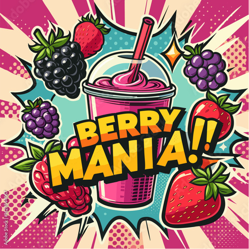 Berry smoothie with berries in retro pop art vector style
