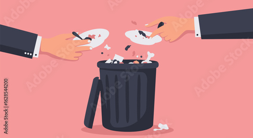 Two businesspeople discarding documents into a trash can, symbolizing a deal cancellation or project failure.