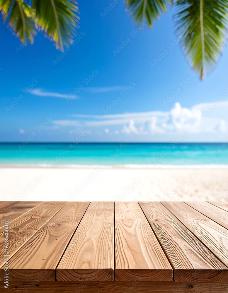Fototapeta premium Tropical beach scene, wooden deck