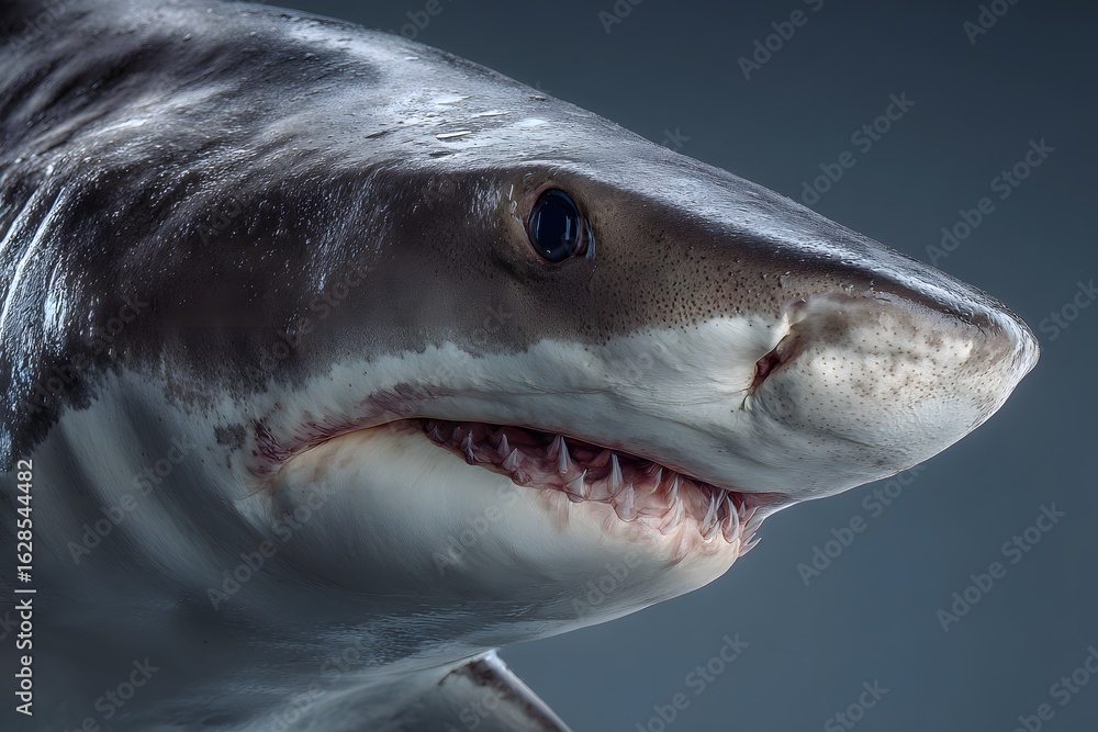 Naklejka premium Close Up of a Shark Head Showing Sharp Teeth and Dark Eye in Ocean