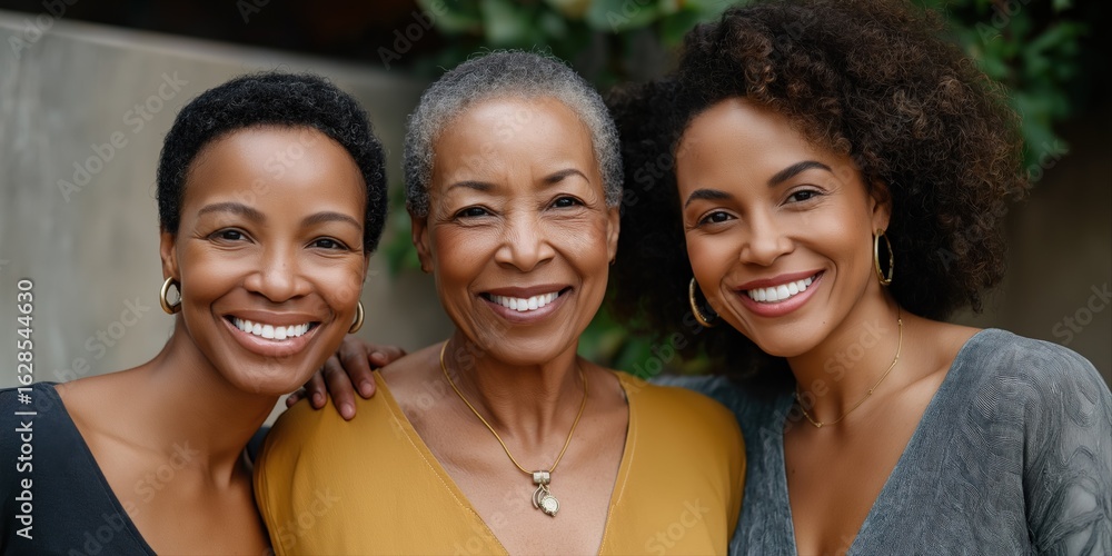 Fototapeta premium Close-up portrait of three african females: young and mature adults smiling outdoors
