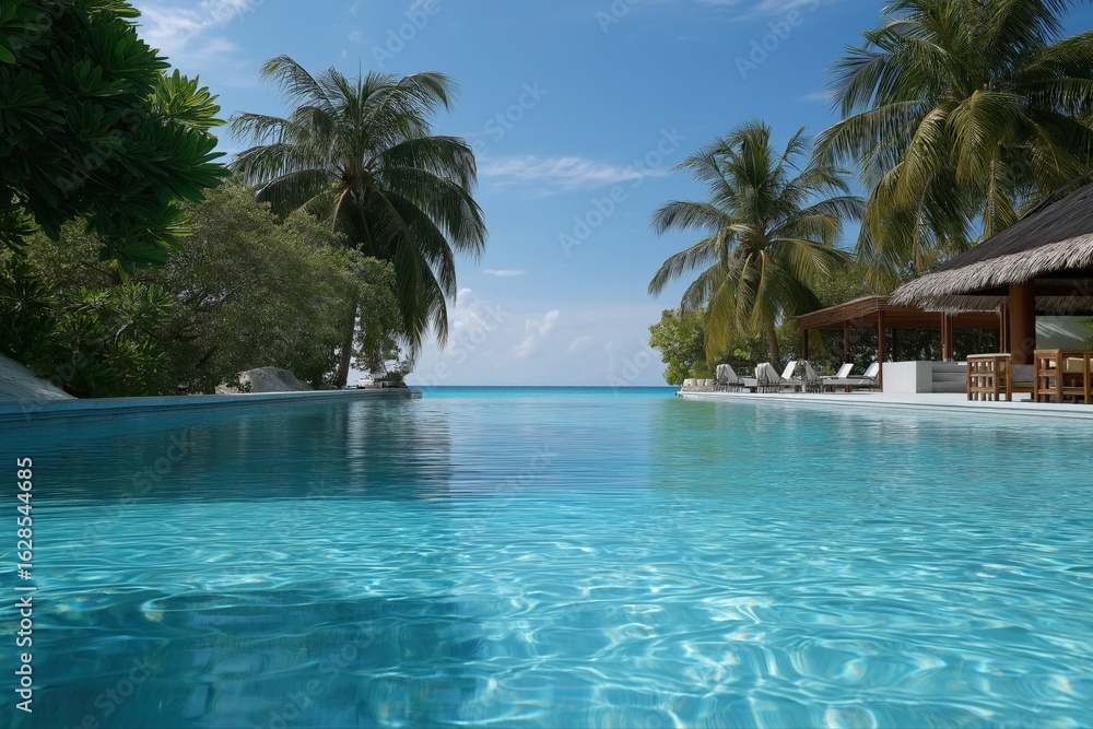 Fototapeta premium Tropical resort pool with palm trees and ocean view under clear blue sky