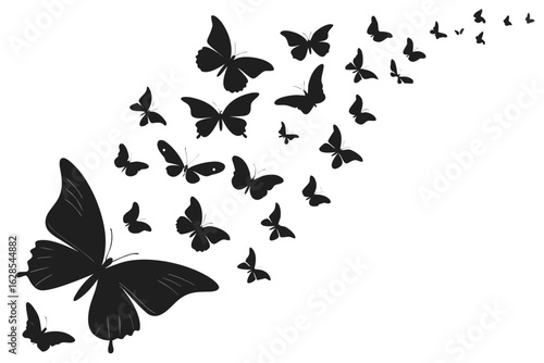 Black silhouette of a flock of butterflies flying in a curved line