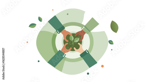 Diverse hands cultivating a plant in a circular green environment symbolizing growth and collaboration effort