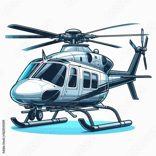 Digitally rendered illustration of a helicopter, showing a front view. The machine is designed with white and silver accents.