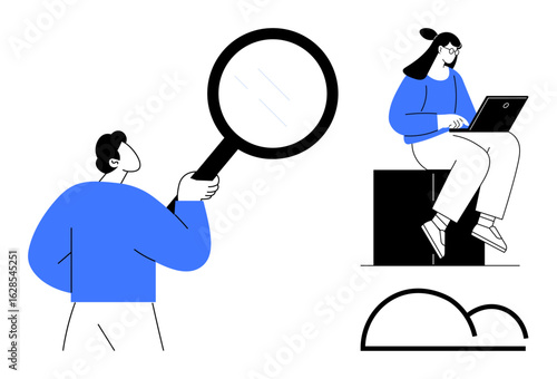 Man examining with magnifying glass and woman typing on laptop, symbolizing research, exploration, and collaboration. Ideal for technology, education, teamwork, strategy, analysis creativity