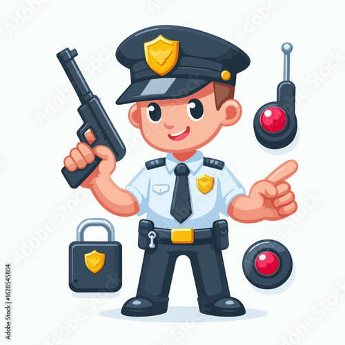 Cheerful, cartoonish depiction of a young officer.  Security tools and accessories are arranged around him in a simple style.
