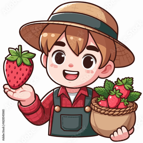 Cartoon illustration of a young boy dressed as a farmer, smiling happily, and holding a basket of strawberries.