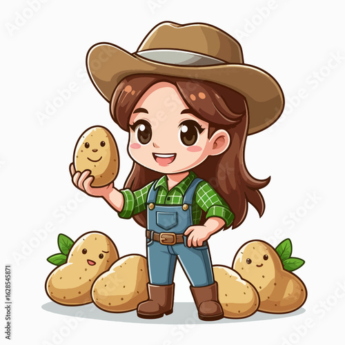 Charming cartoon illustration of a young girl farmer, wearing a cowboy hat and overalls, holding a smiling potato.  Three more potatoes are situated at her feet.
