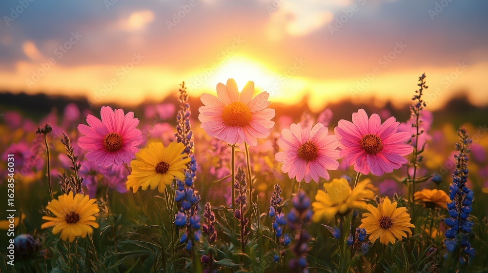 Fototapeta premium Colorful wildflowers bloom at sunset in a tranquil meadow filled with vibrant hues