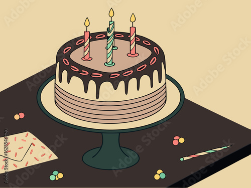 Close-up of a birthday choclate on black table cake on the table at home
