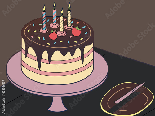 Close-up of a birthday choclate on black table cake on the table at home
