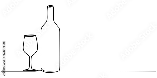 Wine glass and wine bottle continuous one line drawing, Single one line art, linear style, isolated on a white background