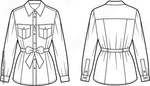 Women's Shirt CAD Drawing, Flat Vector Illustration, Bow Belt, Fashion Sketch, Long Sleeve, Button-Up, Front Back View, Stylish Design