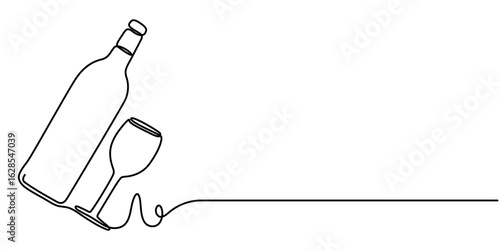Wine glass and wine bottle continuous one line drawing, Single one line art, linear style, isolated on a white background