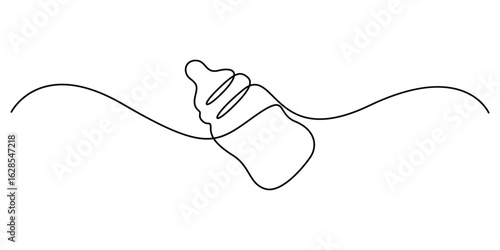 Continuous editable one line drawing of baby bottle. Baby milk bottle icon in one line, Single line drawing of baby feeding bottle. Baby drink bottle with love outline vector illustration