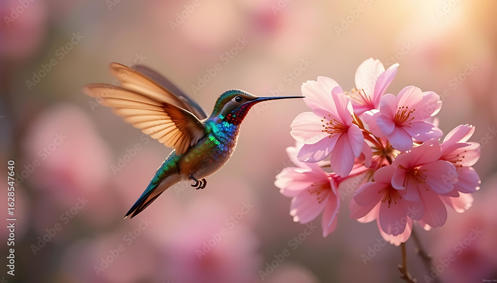 Naklejka premium Hummingbird Hovering Near Pink Cherry Blossoms with a Soft Bokeh Background | Nature, Spring, Bird