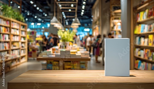 Blank book cover on wooden table in a bookstore (1)