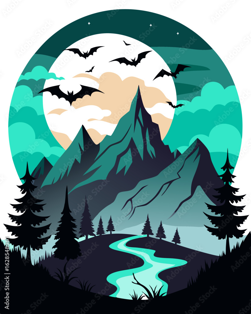 Fototapeta premium Spooky Halloween Mountain Landscape with Flying Bats – Haunted Peaks