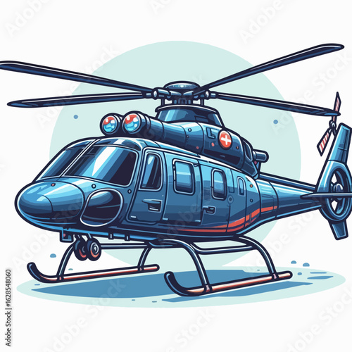 Vibrant graphic rendering of a helicopter, showcasing its detailed features in a cartoonish style.