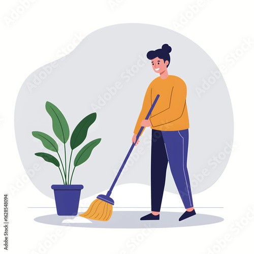 Illustration of a woman sweeping the floor at home, cleaning vector concept