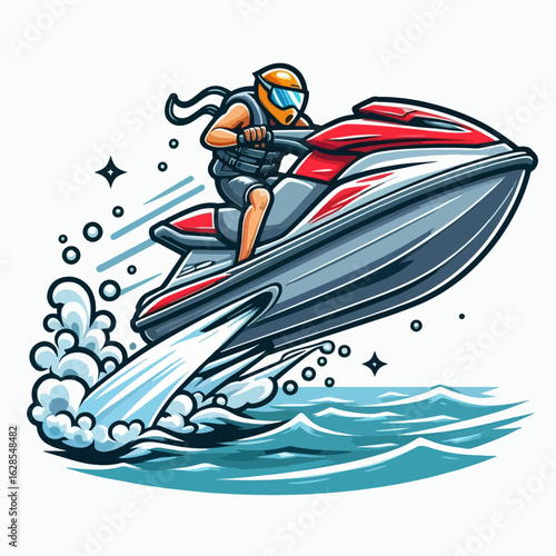 Stylized graphic illustration of a person riding a jet ski in mid-air, with water spray and waves, against a white background.