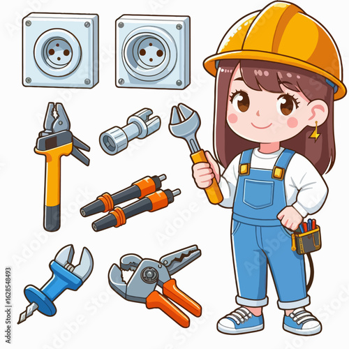 Young female character in overalls and a hard hat, depicted with various electrical tools, presented in a cartoon style.
