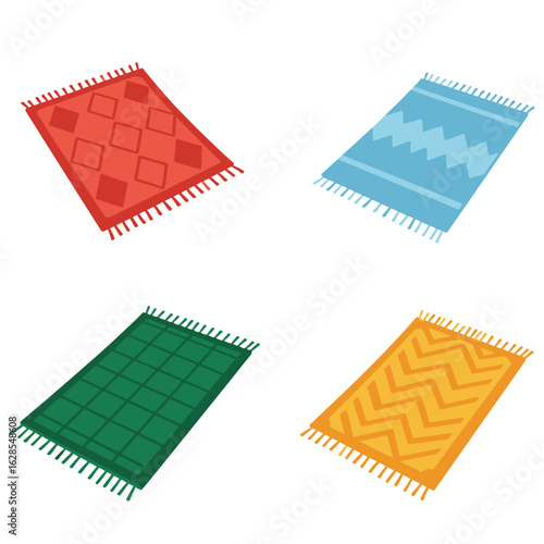 Four colorful patterned carpets with fringes displayed in a grid layout.