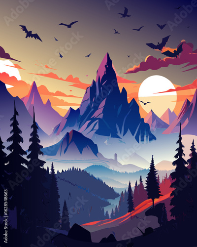 Spooky Halloween Mountain Landscape with Flying Bats – Haunted Peaks