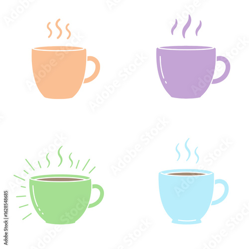 Four pastel-colored mugs of steaming hot drinks, simple hand-drawn style.