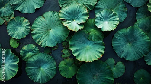 An Overhead View of Lush Green Lotus Pads Floating on Dark Water