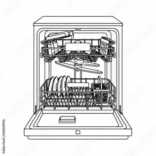 Dishwasher with open door and empty racks. Dishwasher showcases interior with spray arms, baskets for dishes, and silverware compartments. Conceptual dishwasher for use in ads for domestic appliances.