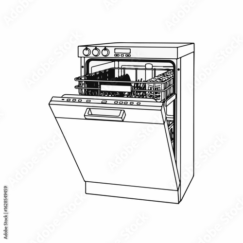 Dishwasher drawing showing open door and interior details on white background. Dishwasherrepresentation includes adjustable racks and control panel for ease.