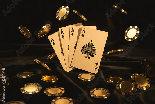 Four Aces and Flying Gold Poker Chips on Dark Background Representing Luxury Gambling, Strategic Risk, and Casino Victory